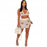 White Women's Sexy Jacquard Hollow Out Knitted Beach Skirt Fashion Short Dress Sets