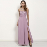 Light Purple Halter Lace Low Cut V-Neck Women's Fashion Casual Mesh Long Maxi Dress