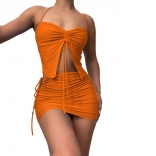 Orange Low Cut V Neck Party Women Sexy Off Shoulder Drawstring Two Piece Set Mini Dress