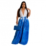 Blue Deep V Neck Fashion Women's Printed Sleeveless V-Neck Strap Long Dress Women's Party Maxi Evening Dress
