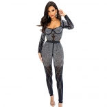 Black Mesh Long Sleeve Rhinestone Two Piece Set Hollow Out Rompers Sexy Jumpsuit Dress