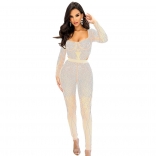 Beige Mesh Long Sleeve Rhinestone Two Piece Set Hollow Out Rompers Sexy Jumpsuit Dress
