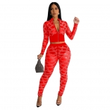 Red Long Sleeve Zipper Sexy Tops Mesh Rhinestone Women's Two Piece Set Slim Fit Sexy Jumpsuit