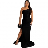 Black Off-Shoulder Evening Party Sexy Women Bodycon Pleated Long Dress