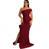 Red Off-Shoulder Evening Party Sexy Women Bodycon Pleated Long Dress