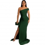 Green Off-Shoulder Evening Party Sexy Women Bodycon Pleated Long Dress