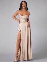 Khaki Slim Fit Backless Women's Strap Waist Wrap Dress Long Dress