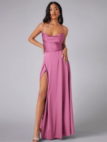 Pink Slim Fit Backless Women's Strap Waist Wrap Dress Long Dress