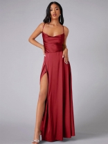 Red Slim Fit Backless Women's Strap Waist Wrap Dress Long Dress