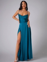 Blue Slim Fit Backless Women's Strap Waist Wrap Dress Long Dress