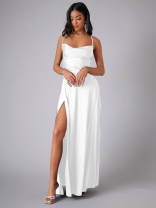 White Slim Fit Backless Women's Strap Waist Wrap Dress Long Dress