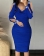 Blue Women's V Neck Sleeve Diamond Solid Color Long Sleeved Party Midi Dress