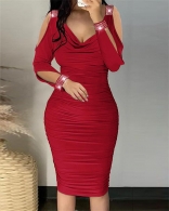 Red Women's V Neck Sleeve Diamond Solid Color Long Sleeved Party Midi Dress
