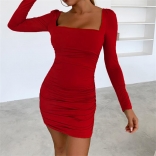 Red Long Sleeve Boat Neck Pleated Women Bodycon Club Dress