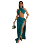 Green Women's Sexy Chest Wrapping Strap Tassel Two Piece Set Maxi Dress