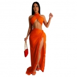 Orange Women's Sexy Chest Wrapping Strap Tassel Two Piece Set Maxi Dress