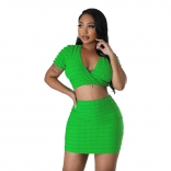 Green Women's Sexy Popcorn Bubble Two Piece Set Mini Dress