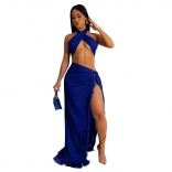 RoyalBlue Women's Sexy Chest Wrapping Strap Tassel Two Piece Set Maxi Dress