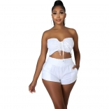White Solid Fashion Women Wrap Chest Casual Two Piece Set
