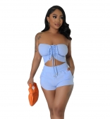 SkyBlue Solid Fashion Women Wrap Chest Casual Two Piece Set