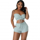 LightGreen Solid Fashion Women Wrap Chest Casual Two Piece Set
