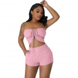Pink Solid Fashion Women Wrap Chest Casual Two Piece Set