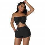 Black Solid Fashion Women Wrap Chest Casual Two Piece Set