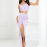 Purple Hanging Neck Two Piece Fashion Sexy Spicy Girl Open Back Split Long Dress Set