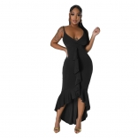 Black Women's Sexy V-Neck Strap Ruffled Irregular Dress