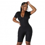 Black Short Sleeve Zipper Solid Slim Fit Sexy Sports Party Dress