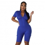Blue Short Sleeve Zipper Solid Slim Fit Sexy Sports Party Dress