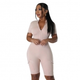 Beige Short Sleeve Zipper Solid Slim Fit Sexy Sports Party Dress