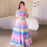 2 Color Fashion Off Shoulder Printed Fragmented Flower Strapless Long Dress