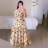 4 Yellow Fashion Off Shoulder Printed Fragmented Flower Strapless Long Dress