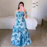 7 Blue Fashion Off Shoulder Printed Fragmented Flower Strapless Long Dress
