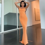 Orange Low Cut Straps Fashion Women Backless Sexy Slim Fit Long Dress