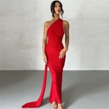 Red Metal Ring Backless Pleated Sleeveless Eveming Party Long Dress