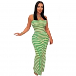 Green Women's Striped Positioning Personalized Printed Strap Party Long Dress