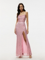 Pink Sleeveless Strap Dress Slim Fit Wrap Hip Sequin Long Dress