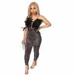 Black Off-Shoulder Mesh Feather Rhinestone Bodycons Women Sexy Jumpsuit