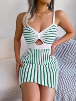 Green V-Neck Strap Low Cut Knitted Bodycon Printed Striped Women Mini Dress