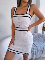 White Women's Casual Square Neck Skirt Knitted Wrapped Hip Bodycon Dress