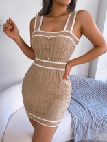 Khaki Women's Casual Square Neck Skirt Knitted Wrapped Hip Bodycon Dress