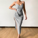 Gray Sexy Deep V Neck Strap Party Split Bodycon Long Dress For Women