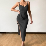 Black Sexy Deep V Neck Strap Party Split Bodycon Long Dress For Women