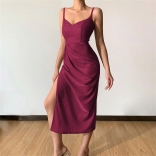 WineRed Sexy Deep V Neck Strap Party Split Bodycon Long Dress For Women