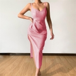 Pink Sexy Deep V Neck Strap Party Split Bodycon Long Dress For Women