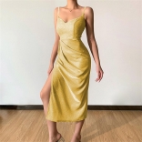 Gold Sexy Deep V Neck Strap Party Split Bodycon Long Dress For Women