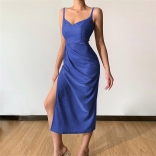 Blue Sexy Deep V Neck Strap Party Split Bodycon Long Dress For Women