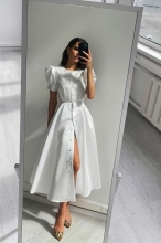White Women's Fashion Short Sleeve Large Swing A-line Evening Party Long Dress